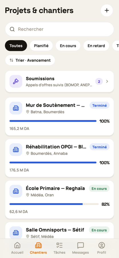 Chantiers sur téléphone